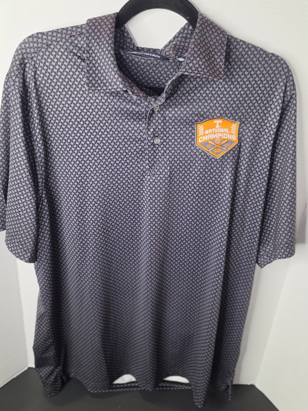 Cutter & Buck Gray Geometric Polo with Orange National Champions Patch